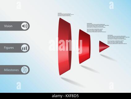 3D-Illustration Infografik Vorlage mit dem Motiv des Kegels vertikal zu drei roten Teile mit einfachen Zeichen und Mustertext auf Seite in Bars aufgeteilt. Licht Stock Vektor