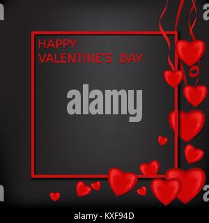Valentinstag Karte rot volumetrische Herz auf einem schwarzen Hintergrund mit Rahmen Stock Vektor