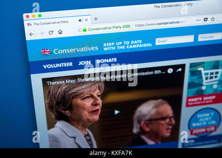 LONDON, Großbritannien - 4. JANUAR 2018: Die Homepage der offiziellen Website für die Konservative Partei - der Konservativen Partei in Großbritannien, am 4. Ja Stockfoto