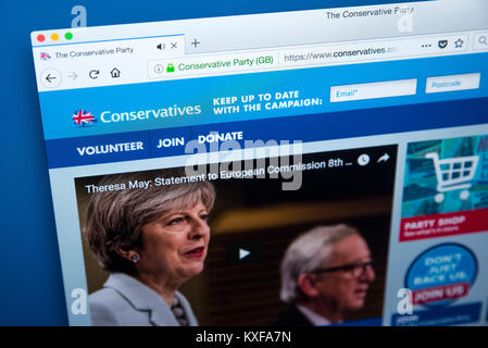 LONDON, Großbritannien - 4. JANUAR 2018: Die Homepage der offiziellen Website für die Konservative Partei - der Konservativen Partei in Großbritannien, am 4. Ja Stockfoto