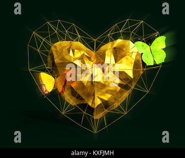 Abstraktes Herz in Low Poly Stil mit gelb und rosa Schmetterlinge auf den dunkelgrünen Hintergrund für Happy Valentine's Day Feier. 3D renderi Stockfoto
