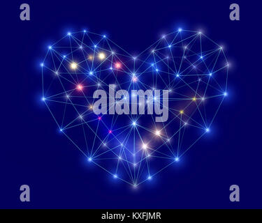 Abstraktes Herz in Low Poly style mit farbigem Licht auf dem dunkelblauen Hintergrund für Happy Valentine's Day Feier. 3D-Rendering. Stockfoto