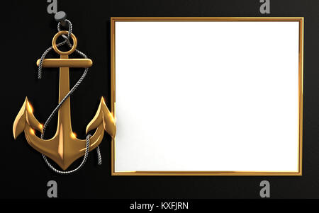 Mockup sehr detaillierte gold Anker mit Seil auf schwarzem Hintergrund isoliert. Vorlage für Marine Thema und Grußkarte. Laser Papier schneiden Spitze Rahmen. 3D Stockfoto