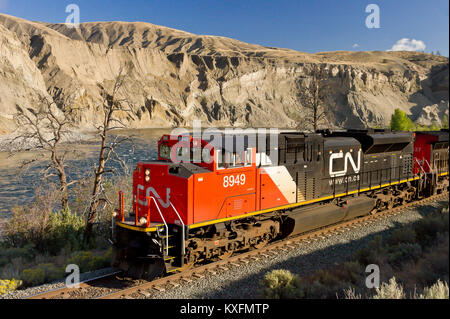 CNR gemischtem Fracht- Led westwärts von Loco 8949 entlang der Thompson River östlich von Ashcroft BC 20110916 Stockfoto