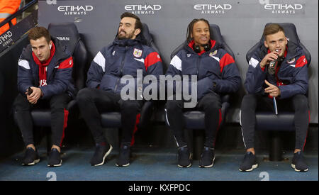 Bristol City's (von links nach rechts) Joe Bryan, Marlon Pack, Schupo Reid und Jamie Paterson vor dem carabao Cup Halbfinale, Hinspiel Gleiches an Etihad Stadium, Manchester. Stockfoto