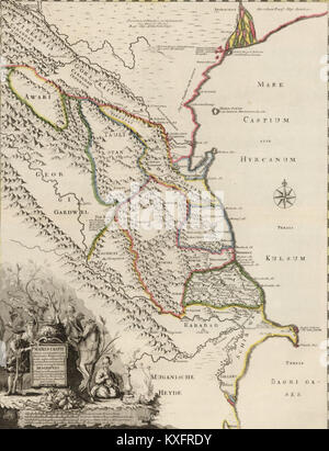 Eine Darstellung von Gerber aus dem Jahr 1728 über die Region des Kaspischen Meeres, die geographische und territoriale Besonderheiten aus dem frühen 18. Jahrhundert veranschaulicht, die für die historische Kartographie und Regionalwissenschaft von Bedeutung sind. Stockfoto