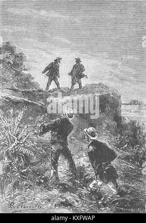 Illustration von Léon Benett für Jules Vernes Roman „Eierhundert Liagues on the Amazonas“, in dem eine Flussfahrt mit Reisenden durch dichte tropische Vegetation entlang des Amazonas gezeigt wird. Stockfoto