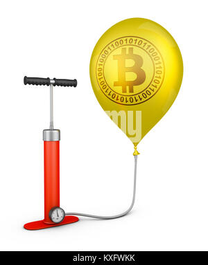 Pumpe und Ballon mit dem Zeichen des bitcoin. 3D-Rendering. Stockfoto