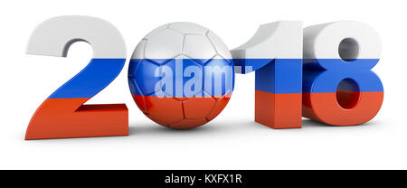 Volumetrische Zahlen von 2018 und ein Fußball in den Farben der Flagge von Russland. 3D-Rendering. Stockfoto