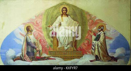 „Christ in Glory“ ist eine orthodoxe christliche Ikone, die Christus auf einem Thron darstellt, umgeben von Seraphim und den vier Evangelisten. Diese Ikonographie, bekannt als „Christus in Majestät“, stellt Christus als den Herrscher der Welt dar, ein zentrales Thema in der christlichen Ikonographie. Das Bild spiegelt das theologische Konzept der Souveränität und göttlichen Autorität Christi wider. Stockfoto