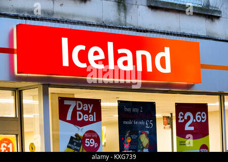 Dorchester, Dorset, Großbritannien. 9. Januar 2018. Island shopfront Zeichen in Dorchester, Dorset. Foto: Graham Jagd-/Alamy Leben Nachrichten. Stockfoto