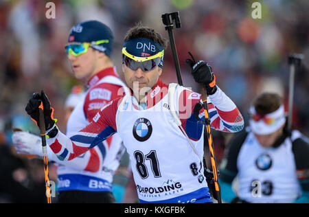 Ruhpolding, Deutschland. 10 Jan, 2018. Biathleten Ole Einar Bjoerndalen bereitet sich auf den Wettbewerb im Einzel der Männer 20 km Event bei der Biathlon-WM in die Chiemgau Arena in Ruhpolding, Deutschland, 10. Januar 2018. Credit: Matthias Balk/dpa/Alamy leben Nachrichten Stockfoto