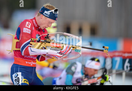 Ruhpolding, Deutschland. 10 Jan, 2018. Dem drittplatzierten Johannes Thingnes Boe Norwegen in Aktion am Schießstand während der Männer 20 km Event bei der Biathlon-WM in die Chiemgau Arena in Ruhpolding, Deutschland, 10. Januar 2018. Credit: Matthias Balk/dpa/Alamy leben Nachrichten Stockfoto