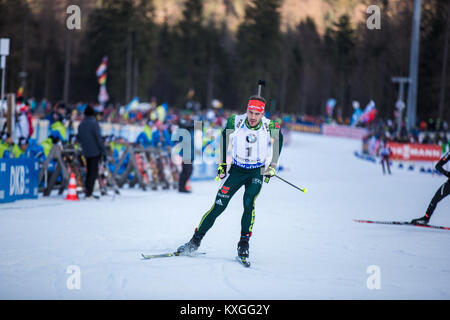 Ruhpolding, Deutschland. 10 Jan, 2018. Arnd Peiffer (1, Deutschland) in Aktion während der Männer 20 KM einzelnen Konkurrenz an der BMW IBU Weltcup Biathlon in Ruhpolding gesehen. (Foto: Gonzales Foto/Alamy leben Nachrichten Stockfoto