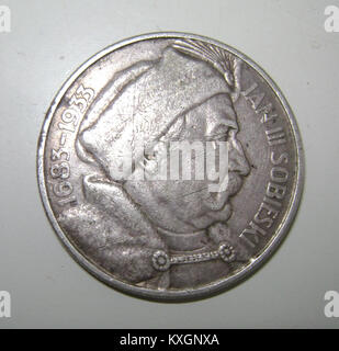 Die Vorderseite der polnischen 10-ZŁOTYCH-Münze von 1933 zeigt ein Porträt von König Johann III. Sobieski, das an den Nationalhelden erinnert, der für die Schlacht von Wien 1683 bekannt ist. Die Münze spiegelt das numismatische und historische Erbe Polens wider. Stockfoto