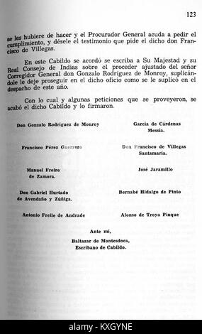 Eine Aufzeichnung von ACCQUITO, Seite 123, dokumentiert historische Ereignisse von 1650 bis 1657, aufbewahrt zu Archivierungs- und Forschungszwecken. Stockfoto