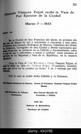 Ein historisches Dokument mit der Bezeichnung ACCQUITO über Ereignisse von 1650 bis 1657, Seite 221, aufbewahrt für Archivstudien und Forschungszwecke. Stockfoto