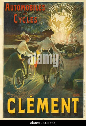 Dieses französische Vintage-Poster wirbt für Automobile und Fahrräder des französischen Herstellers Clément. Es zeigt das Marketing des frühen 20. Jahrhunderts mit Schwerpunkt auf Automobilen und dem aufstrebenden Fahrradmarkt. Stockfoto