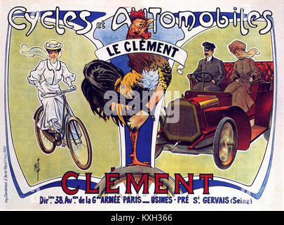 Ein französisches Vintage-Plakat mit Cycles & Automobiles Clément, das Fahrräder und frühe Autos in kommerziellen Printmedien illustriert. Das Poster spiegelt Marketing- und Designästhetik des frühen 20. Jahrhunderts wider. Stockfoto