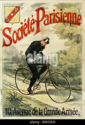 Vintage-Werbung für Société Parisienne, einen französischen Fahrradhersteller, in dem Design, Branding und Werbung für seine Fahrräder im späten 19. Jahrhundert hervorgehoben werden. Stockfoto