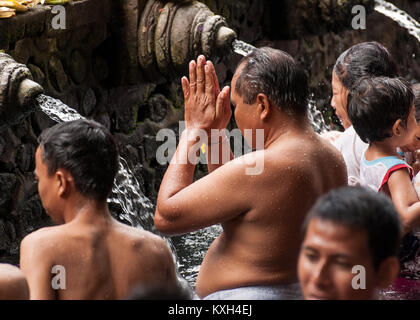 Balinesen in Heiligen Quellwasser des Heiligen Pool im Pura Tirta Empul Tempel, Tampaksiring, Bali, Indonesien Stockfoto