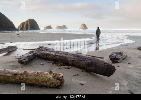 Ein Mann bewundert die Ansicht der schroffen Küste von Oregon seastacks in der Nähe von Cannon Beach. Stockfoto