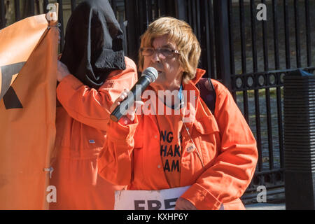 Freude Hurcombe des Save-Shaker Aamer Kampagne spricht über die Nachricht, dass Shaker Aamer, gefoltert und ohne Anklage oder Gerichtsverfahren statt für 14 Jahre in Guantanamo und Bagram ist freigegeben werden, sagte er sofort zurück zu seiner Familie gebracht werden sollte. Stockfoto