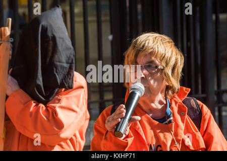 Freude Hurcombe des Save-Shaker Aamer Kampagne spricht über die Nachricht, dass Shaker Aamer, gefoltert und ohne Anklage oder Gerichtsverfahren statt für 14 Jahre in Guantanamo und Bagram ist freigegeben werden, sagte er sofort zurück zu seiner Familie gebracht werden sollte. Stockfoto