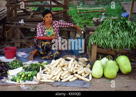 NYAUNGSHWE, MYANMAR - ca. April 2017 Frau und Gemüse auf der Straße Stockfoto