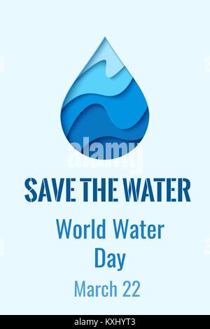 Speichern Sie die Wasser-Papier schneiden Wasser tropfen Ökologie Konzept Hintergrund. Weltwassertag - Vektor Banner mit blauen papercut Wassertropfen Symbol Stock Vektor