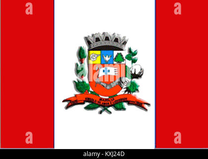 Bild der Stadtflagge von Marília, Bundesstaat São Paulo, Brasilien, mit ihren Farben und dem Emblem, das die Identität der Stadt repräsentiert. Stockfoto