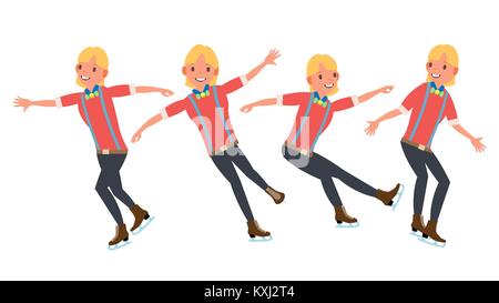 Man Athleten Eiskunstlauf. Eis Eiskunstläuferin Vektor. Athleten Winter Sport. In Aktion. Synchron Tänzerin. Unterschiedlichen Posen. Isolierte flache Zeichentrickfigur Abbildung Stock Vektor