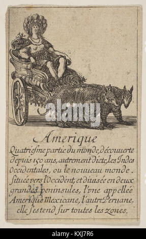 „America“, ein allegorischer Stich aus den 1644 Spielkarten „Jeu de la Géographie“, der Stefano della Bella zugeschrieben wird und den Kontinent als personifizierte Figur darstellt. Stockfoto