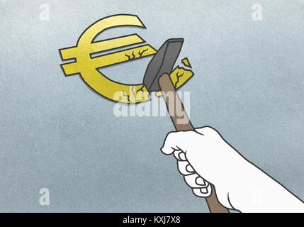 Zerschnittene Hand brechendes Euro-Symbol mit Hammer auf grauem Hintergrund Stockfoto