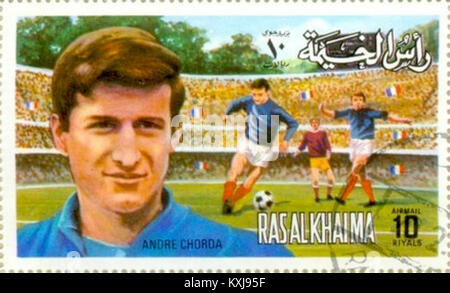 Eine 1972 von Ras al-Khaimah ausgegebene Briefmarke mit André-Chorda, die philatelistische und historische Bedeutung der Region repräsentiert. Stockfoto
