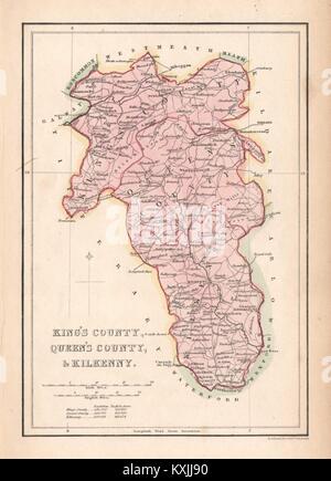 Antike KING AND QUEEN COUNTY & Kilkenny Karte. ADLARD. Offaly Laois c 1841 Stockfoto