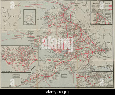 Die Great Western Railway Netzwerk in seiner maximalen Ausdehnung. GWR c 1930 alte Karte Stockfoto