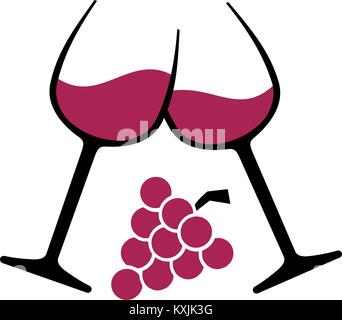 Zwei Weingläser mit Rotwein und rote Trauben Stock Vektor