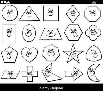 Schwarze und Weiße Cartoon Illustration der grundlegenden geometrischen Formen lustige Figuren für Kinder Bildung Stock Vektor