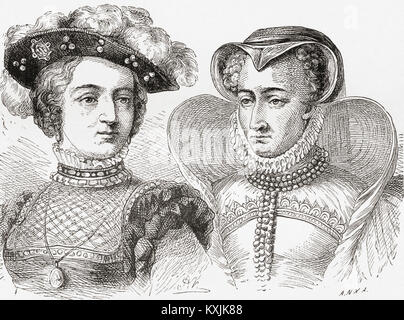 Jeanne d'Albret, Links, und ihre Mutter Marguerite de Navarre, rechts. Jeanne d'Albret, 1528 - 1572, aka Jeanne III. Queen Regnant von Navarra von 1555 bis 1572. Marguerite de Navarre, 1492 - 1549, aka Margarete von Angoulême und Margarete von Navarra. Prinzessin von Frankreich, Königin von Navarra, und die Herzogin von Alençon und Berry. Von Station und Lock's illustrierte Geschichte der Welt, veröffentlicht C 1882. Stockfoto