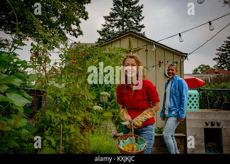 Portrait von Reifen im Garten Paar mit frisch gepflückten Tomaten im Korb Stockfoto