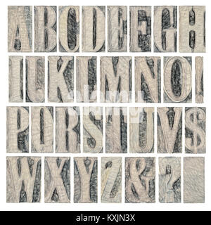 Alphabet in den modernen Buchdruck Holz Art Klischees, eine Collage aus 26 isolierten Buchstaben, Fragezeichen, Ausrufezeichen, kaufmännisches und Dollar sig Stockfoto