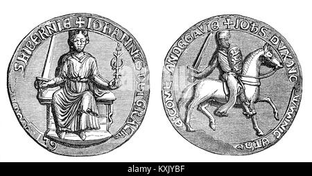 Das große Siegel des Königs Johann (1166 - 1216), war das Siegel verwendet die Zustimmung des Souveränen wichtige staatliche Dokumente zu symbolisieren. John auch bekannt als John Lackland war König von England ab 6. April 1199 bis zu seinem Tod im Jahr 1216. Es war der fürstlichen Revolte am Ende von John's Herrschaft, um die Dichtigkeit der Magna Carta, ein Dokument manchmal ein früher Schritt in der Evolution der Verfassung des Vereinigten Königreichs führte. Stockfoto