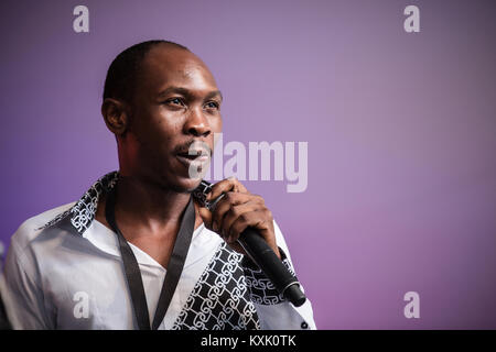 Die nigerianische Musiker und Saxophonist Seun Kuti (Bild) ist der Sohn des afrobeat Legende Fela Kuti und hier führt ein Live Konzert mit seiner Band Ägypten" 80 bei Avantgarde Festival 2014 in Kopenhagen. Dänemark, 02.08.2014. Stockfoto