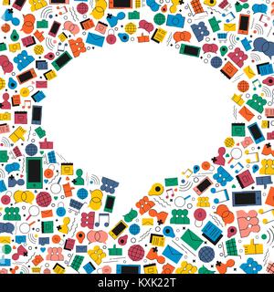 Social Media Online Kommunikation Konzept Abbildung in der modernen flachen Farbe Stil. Chat Ballon Form aus Internet Icons, umfasst wie, Musik, fr Stock Vektor