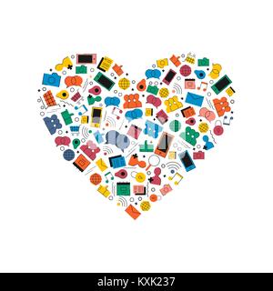 Social Media Network liebe Konzept Abbildung in der modernen flachen Farbe Stil. Herzform aus Internet Symbole, mit Warenkorb, GPS, Foto- und Stock Vektor