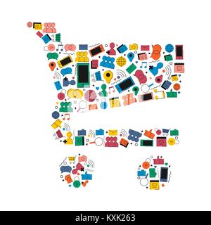 Social Media Network online shopping Konzept Abbildung in der modernen flachen Farbe Stil. Store Warenkorb Form aus Internet Icons, umfasst wie, Musik, f Stock Vektor