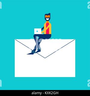 E-Konzept Abbildung im modernen Stil, Mann sitzt auf Mail Symbol mit Laptop zu Social Media Netzwerk chatten. EPS 10 Vektor. Stock Vektor