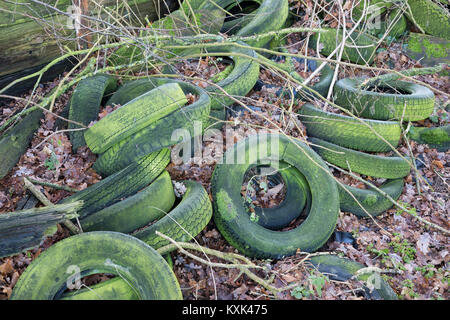 Alte Autoreifen in der Landschaft gedumpten und fallen in Moss, Burwash, East Sussex, England, Vereinigtes Königreich, Europa Stockfoto