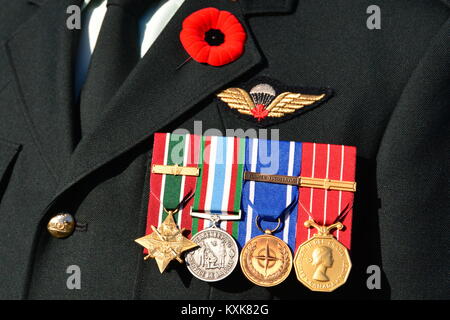 Einem Kriegsveteranen zeigt seine Medaillen auf seiner Brust am Tag der Erinnerung.